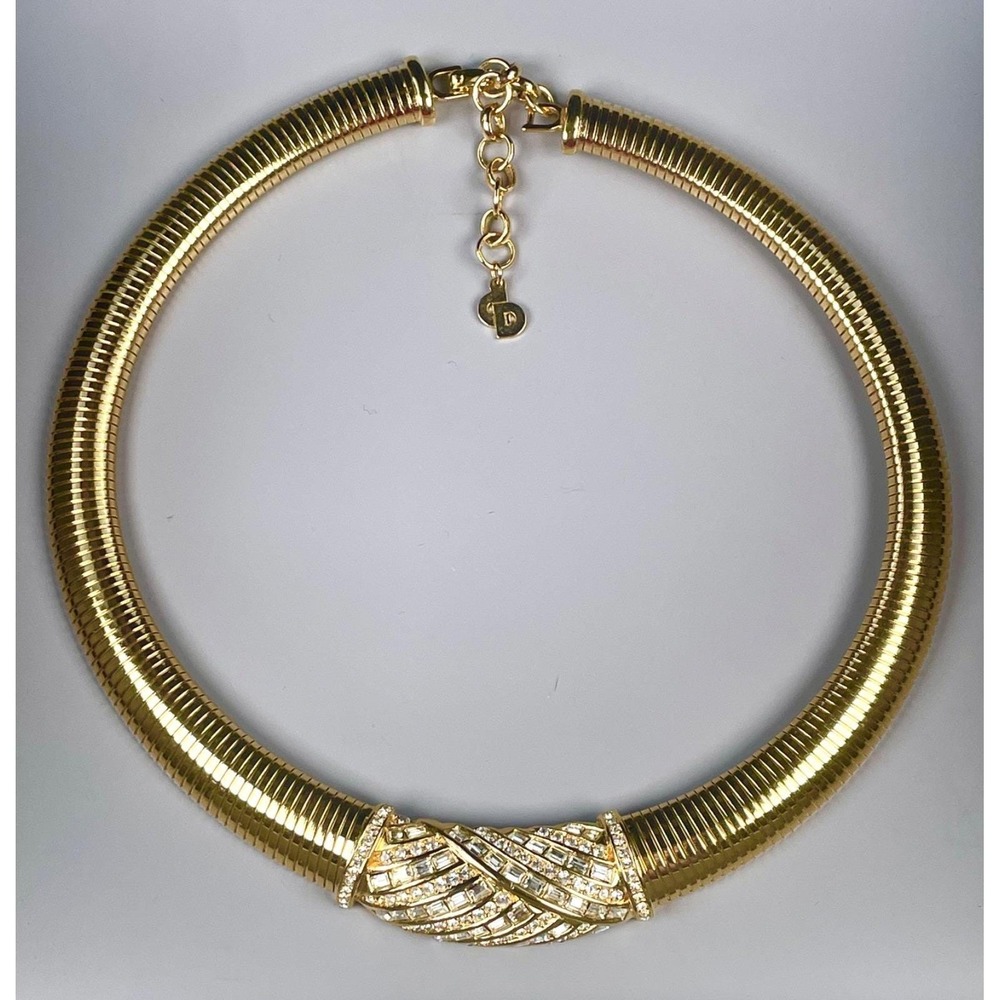 Christian Dior Vintage Gold Tone Tubogas Crystal Rhinestone Choker Necklace